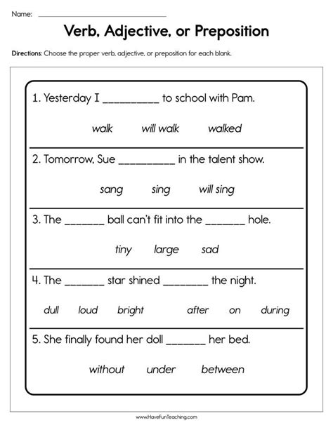 verb adjective  preposition worksheet  fun teaching