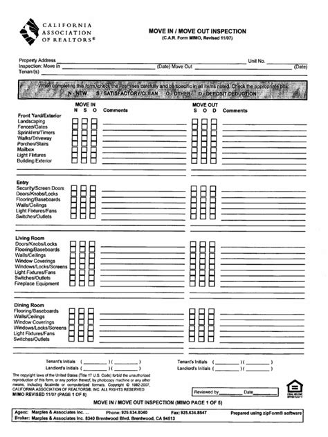 rental lease move  move  inspection blank form