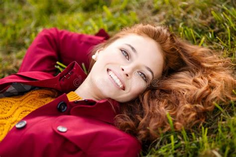 outdoor portrait of beautiful redhead woman stock image image of park