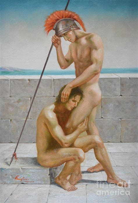 Original Man Body Oil Painting Gay Art Two Male Nude By