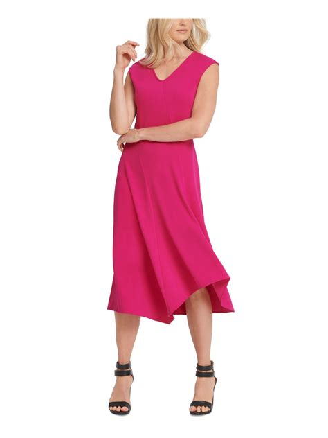 Dkny Womens Pink Sleeveless V Neck Below The Knee Fit Flare Dress
