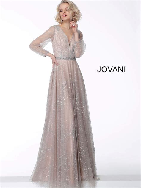 Jovani 65658 Nude Glitter Beaded Belt Long Sleeve Maxi Gown