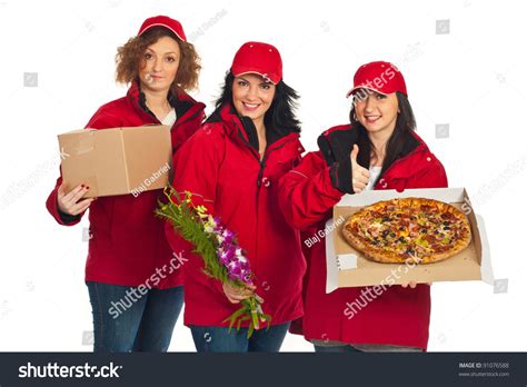 successful group  delivery people holding   isolated  white background stock