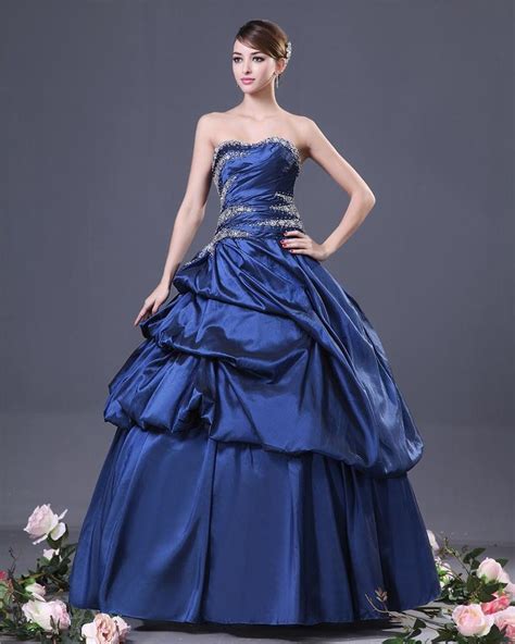Ball Gown Elegant Strapless Taffeta Beading Designer Navy Prom Dresses