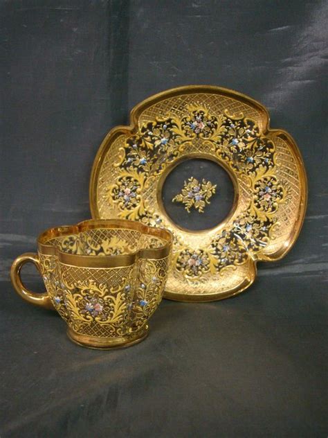 Moser Art Glass Quatrefoil Gilded Floral Enameled Cup Saucer Antique