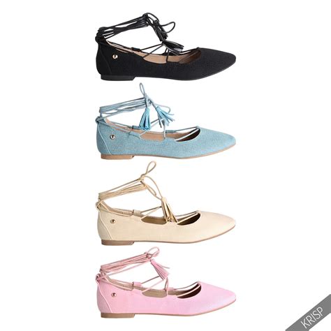 Womens Lace Up Pointed Ballerina Shoes Ankle Wrap Ballet Flats Pumps