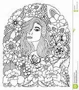 Coloring Adults Girl Illustration Stress Zentangl Anti Portrait Flowers Vector Book Among sketch template