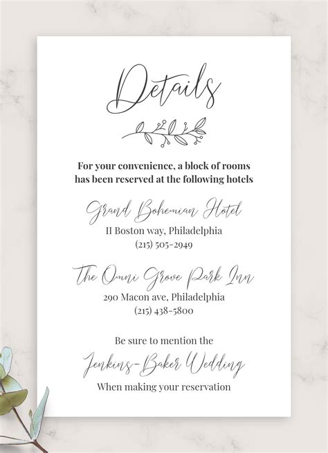 printable classic elegant wedding details card