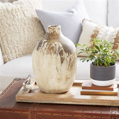 decmode large  distressed beige brown ceramic floor vase