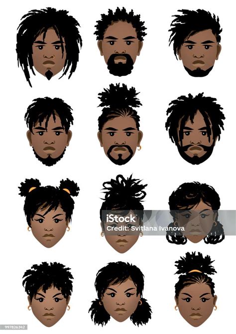 Set Of Faces Of Black Men And Girl With Dreadlocks And Different