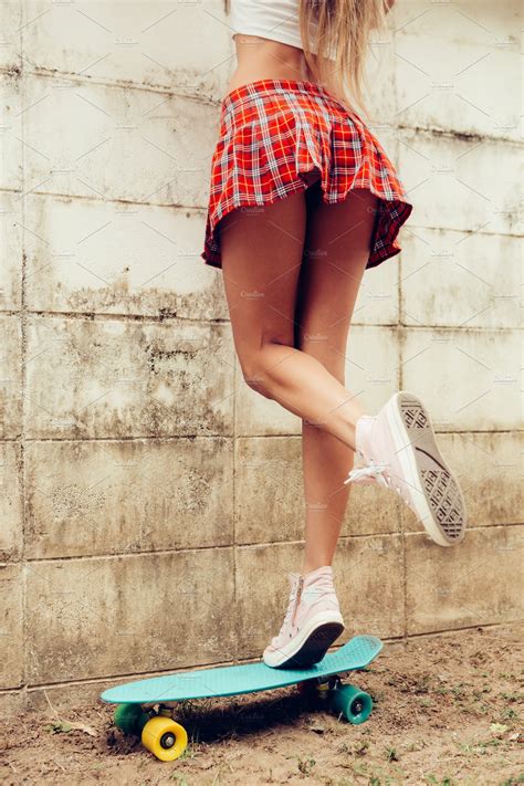 Beautiful Girl With Skateboard High Quality Beauty And Fashion Stock