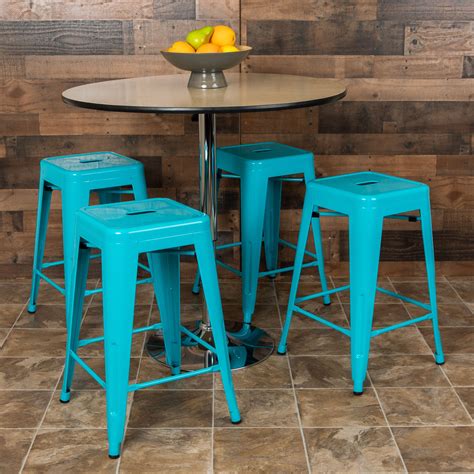 flash furniture  high metal counter height indoor bar stool  teal stackable set