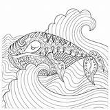 Coloring Whale Drawn Waves Hand Antistress Zentangle Pages Urchin Sea Kelp Stock Illustration Vector Ocean Background Adult Anti Fotolia Stress sketch template