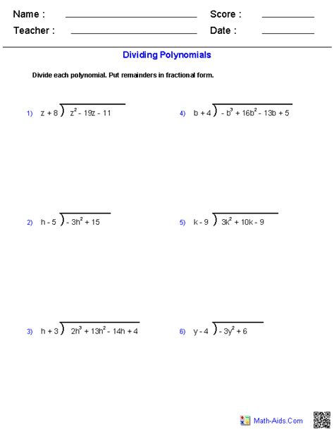 dividing polynomials printable worksheets