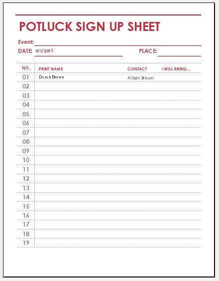 holiday potluck signup sheet template  template