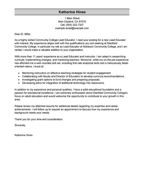 lead educator cover letter examples education cover