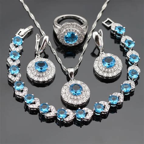 light blue white cz silver color jewelry sets  women bracelet earrings necklace pendant