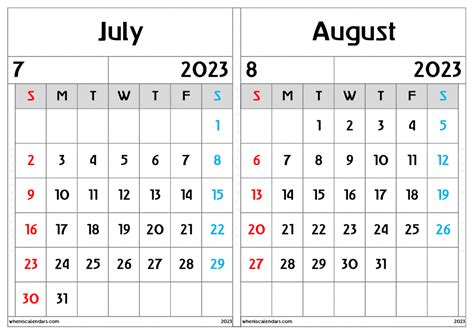 july  august  calendar printable