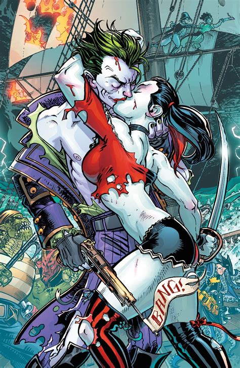 joker and harley share a passion filled kiss amid a battle in a weird pirate themed