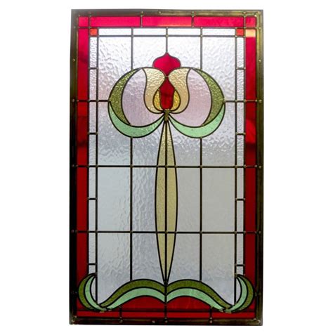 Art Nouveau Tulip Stained Glass Panel From Period Home