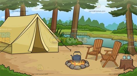 A Nice Campsite By The River Background Camping Cartoon Backdrops