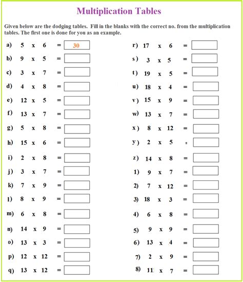 multiplication table worksheet