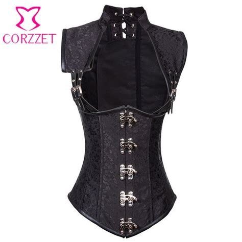black brocade collared top cupless sexy corset vest steampunk corset
