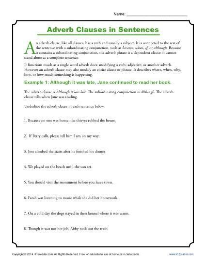 adverb clauses  sentences clause worksheets adverbs worksheet