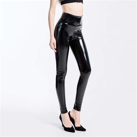 2020 Lady Solid Black Shiny Pu Leather Leggings Plus Size