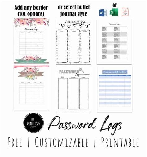 customizable password log  templates