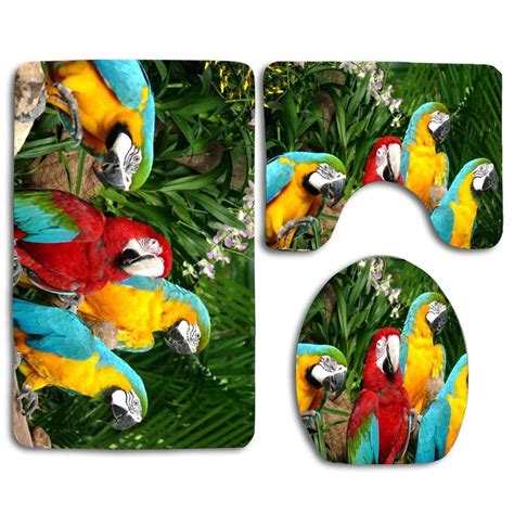 chaplle cute colorful parrot  piece bathroom rugs set bath rug contour mat  toilet lid cover
