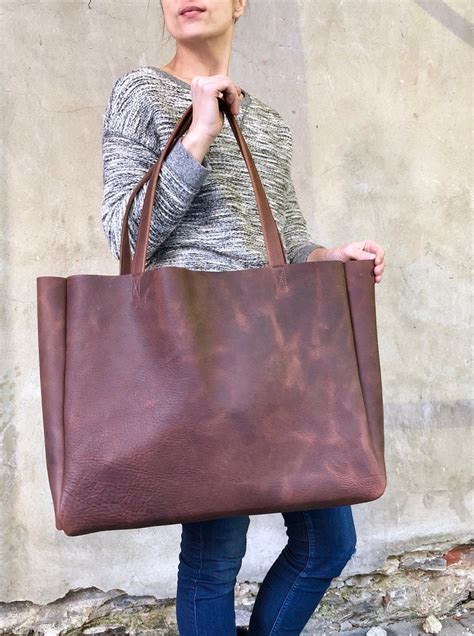extra large brown leather tote bag   oversized work etsy