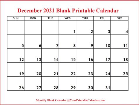 december  blank calendar printable   printable calendar