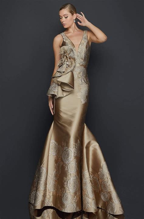 terani couture  floral embossed plunging  neck gown