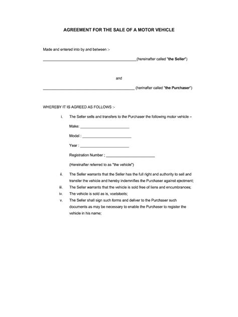 private car sale agreement voetstoots template word   form