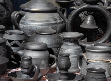 Traditional Homemade Ceramic Pots On Traditional Crafts Fair Stock