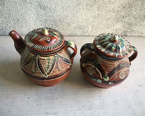 vintage mexican pottery sugar  collectible creamer set redware