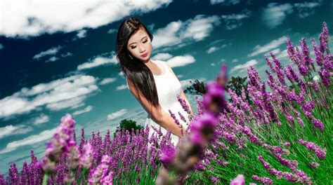 wallpaper women model flowers nature grass asian lavender