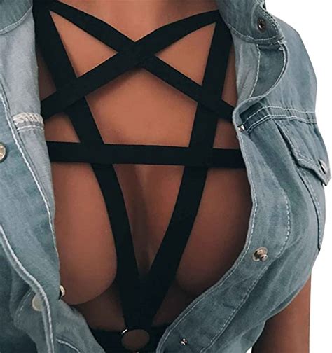 856store womens black pentagram chest body harness cage bra hollow