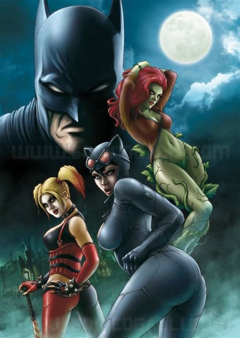 birds of prey harley quinn catwoman and poison ivy with batman overlooking dc birds of