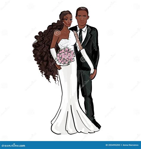 african american  married couple bride  groom cartoon vector