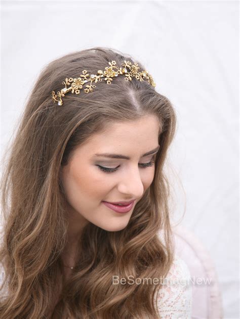 gold metal flower headband wedding headpiece metal headband  adults