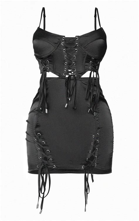 shape black satin corset lace up bodycon dress prettylittlething aus
