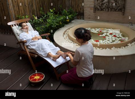 foot massage in a spa of hotel pimalai resort kantiang beach ko stock