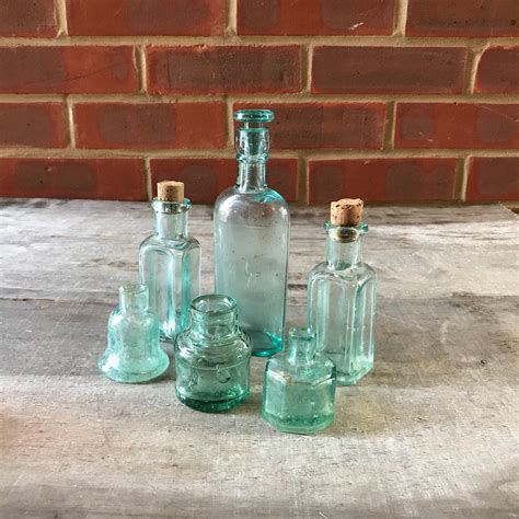 Set Of 6 Antique Glass Ink Bottles Aqua Green Old Glass Bottle Vintage