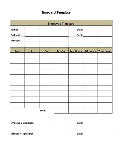 time card template   printable time card templates  excel