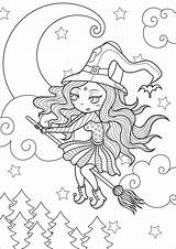 Halloween Coloring Witch Pages Simple Happy Adults Adult Moon Beautiful Color Starry Flight Sky Background Printable Kids Justcolor Visit Print sketch template