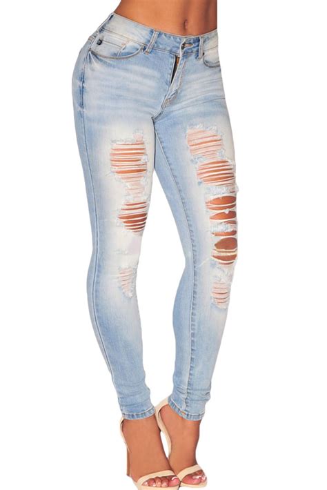 Women Trendy Light Denim Ripped Skinny Jeans