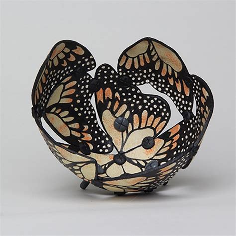 handmade pottery bowl  yellow orange  white monarch  fiona mazza