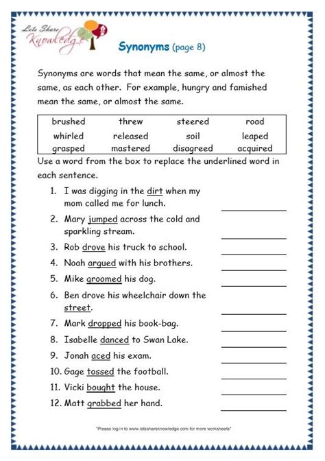 grade 3 grammar topic 27 synonyms worksheets synonym worksheet